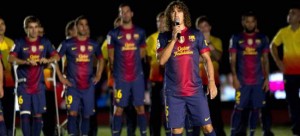 Carles Puyol addressing the fans at the Joan Gamper Trophy